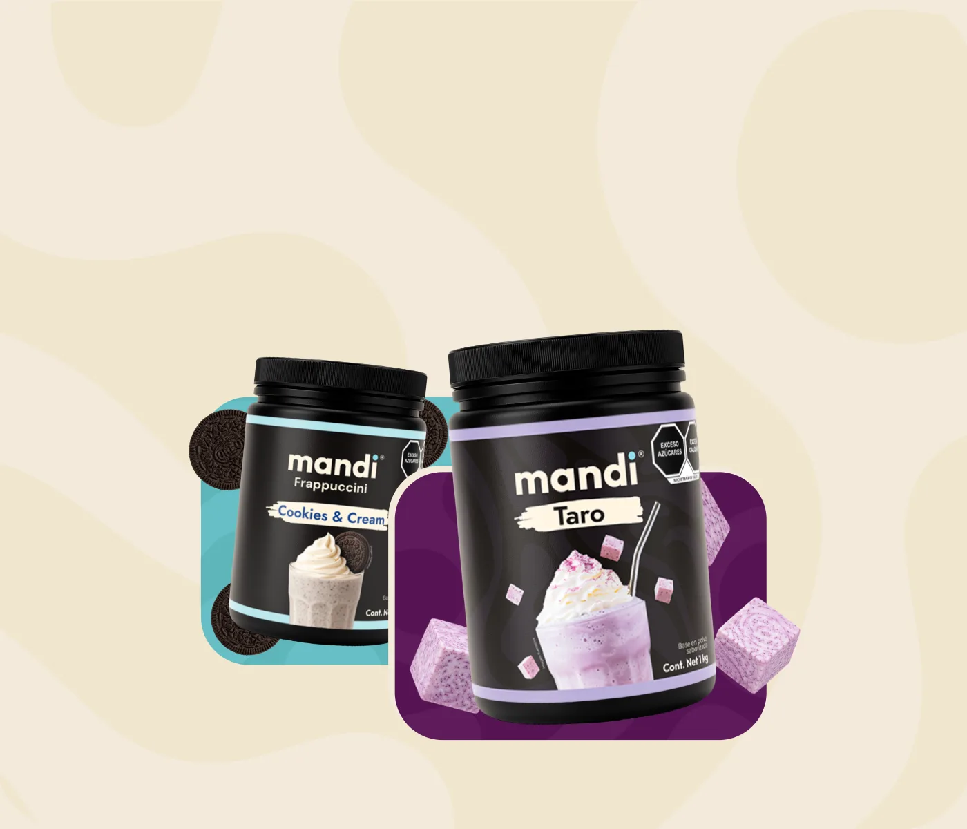 Botes de polvo Mandi sabor Cookies & Cream y Taro