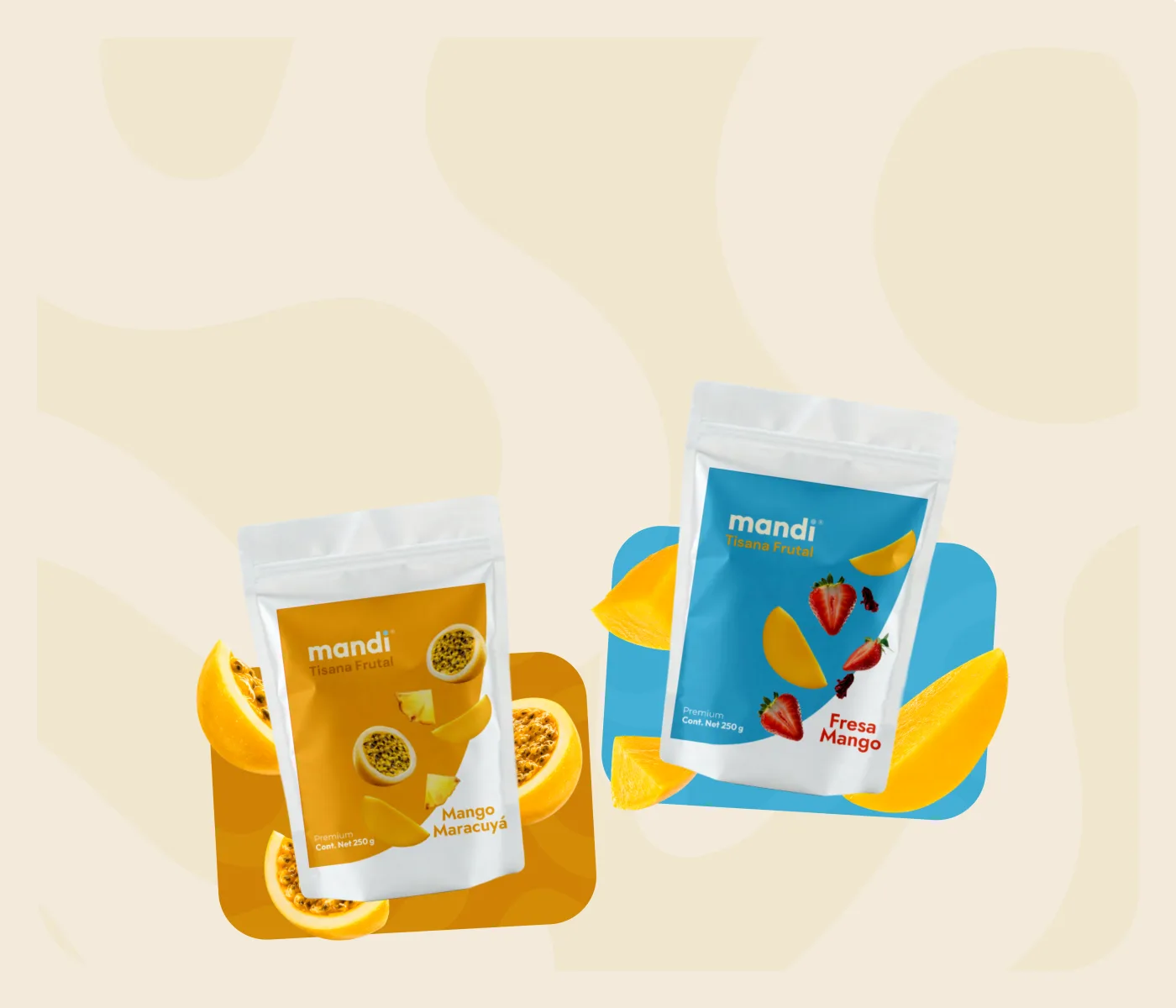 Bolsas de tisana frutal Mandi sabor Mango Maracuyá y Fresa Mango