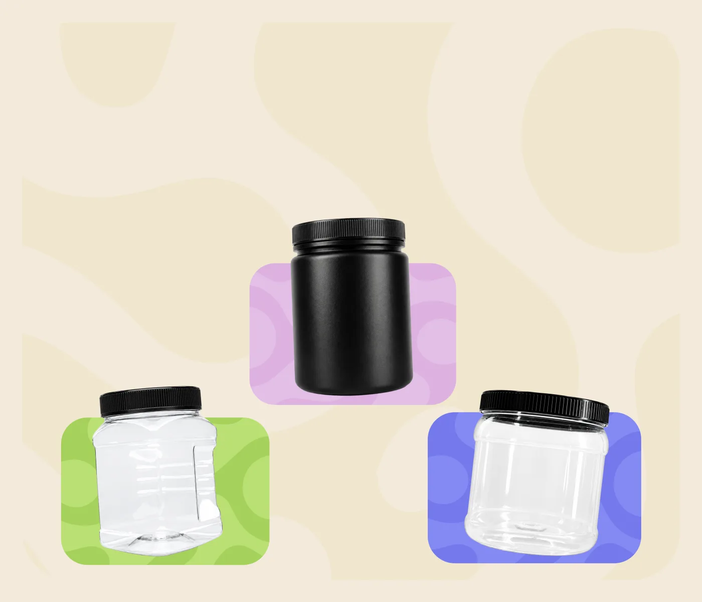 Envases Mandi vacíos: frasco transparente, bote negro y frasco de boca ancha