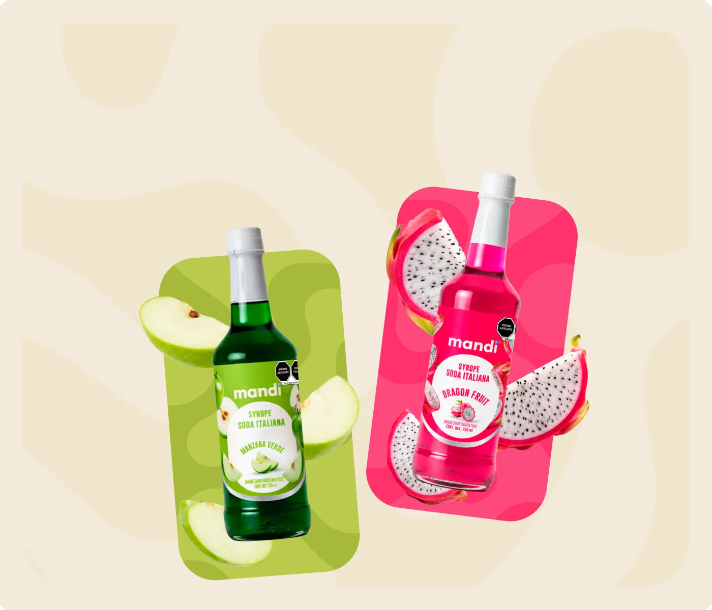 Botellas de jarabe Mandi Syrope Soda Italiana sabor Manzana Verde y Dragon Fruit